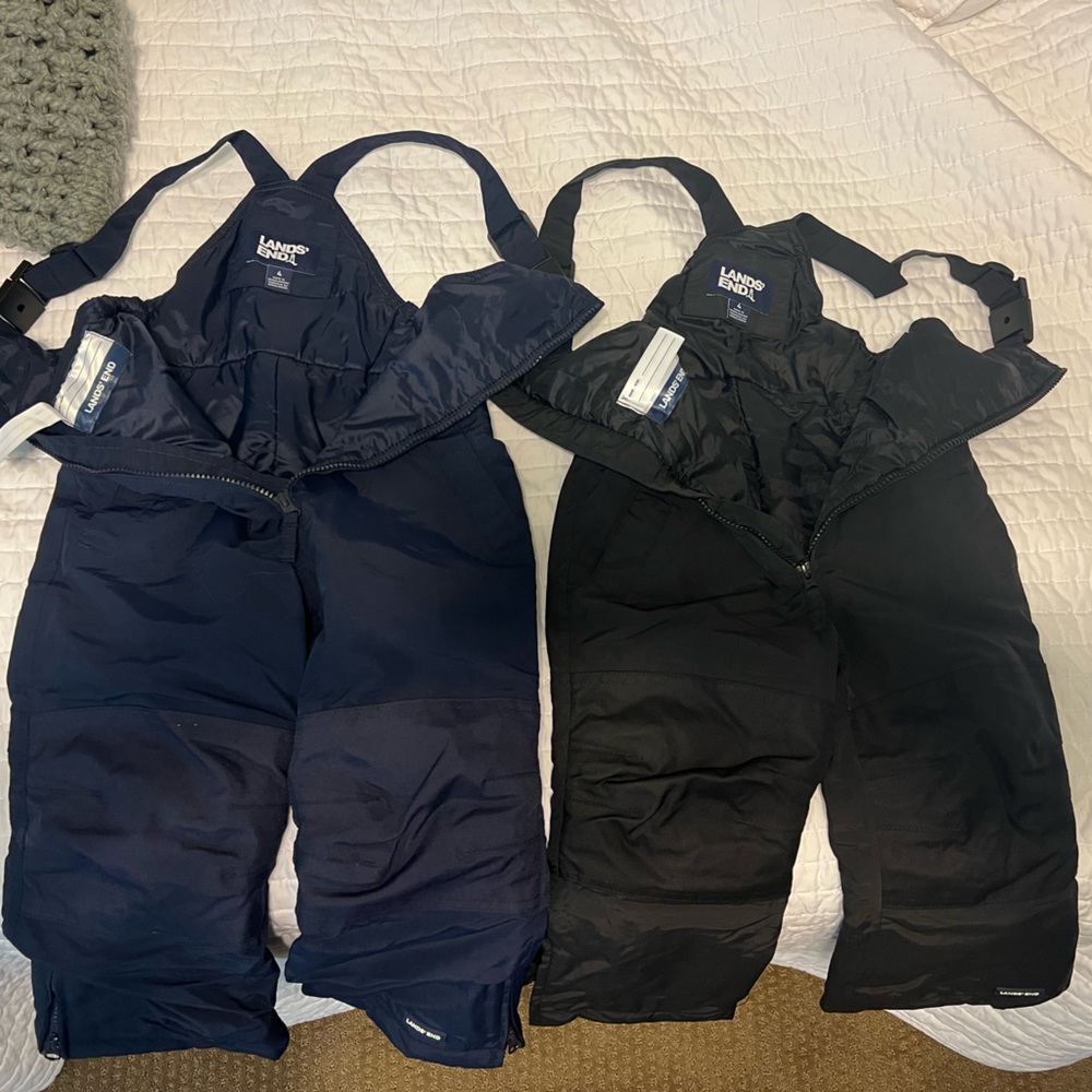 Lands' End Kids Waterproof Insulated Iron Knee Snow Bibs- Black and Navy